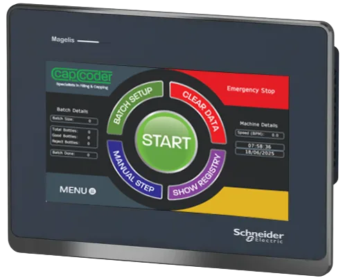 Cap Coder HMI Screen, All the features for the filling and capping machines.