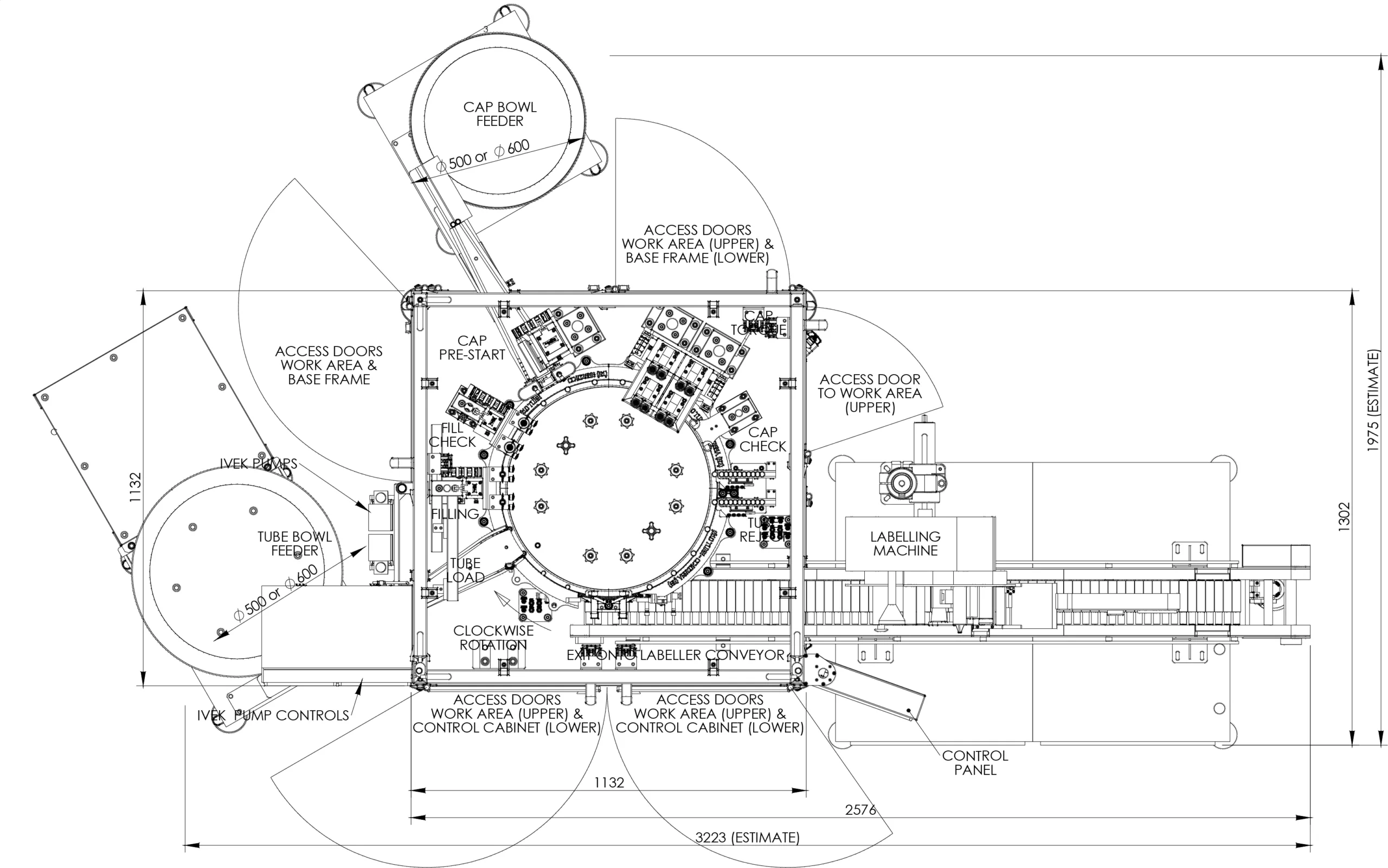 Micro Mono Automatic Filling & Capping Machine, layout showing the base machine with a pusher infeed table, bowl feeder, hopper elevator, and labeller on the outfeed.