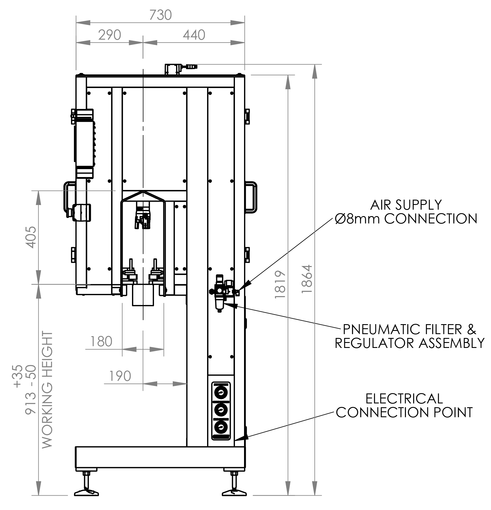 CC570 Semi Automatic Capping Machine, Dimensions Side View.