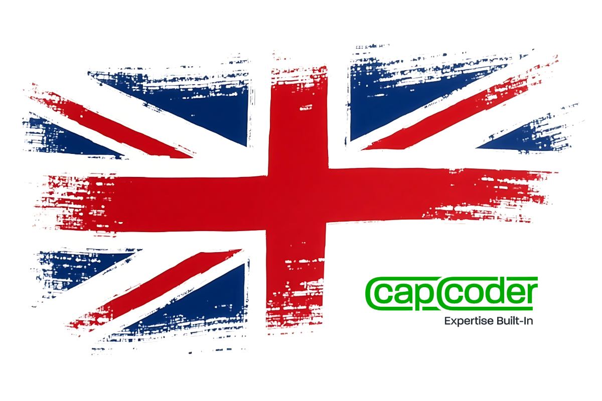 Stylized UK flag design featuring company brand logo for British Manufacturing of filling machine and capping machines. 