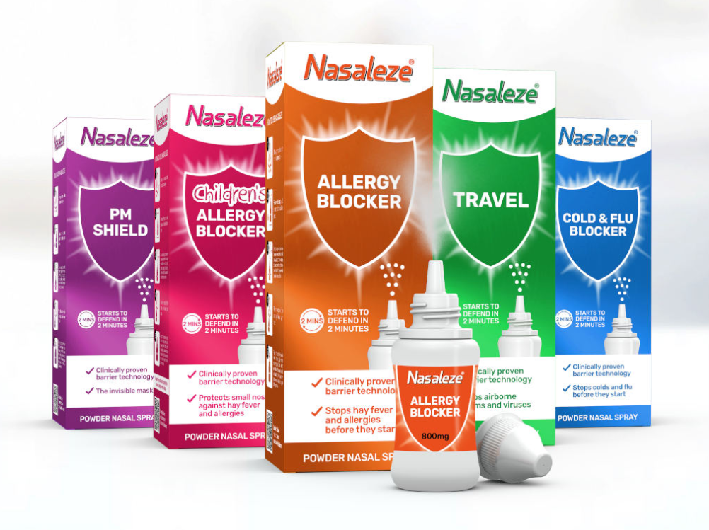 Full range of Nasaleze powder nasal spray products displayed together.
