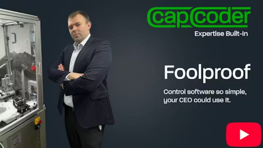 Filling and capping machine HMI control software interface showing simple production controls