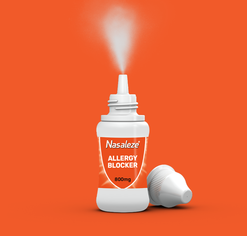 Orange Nasaleze Allergy Blocker powder nasal spray product bottle.