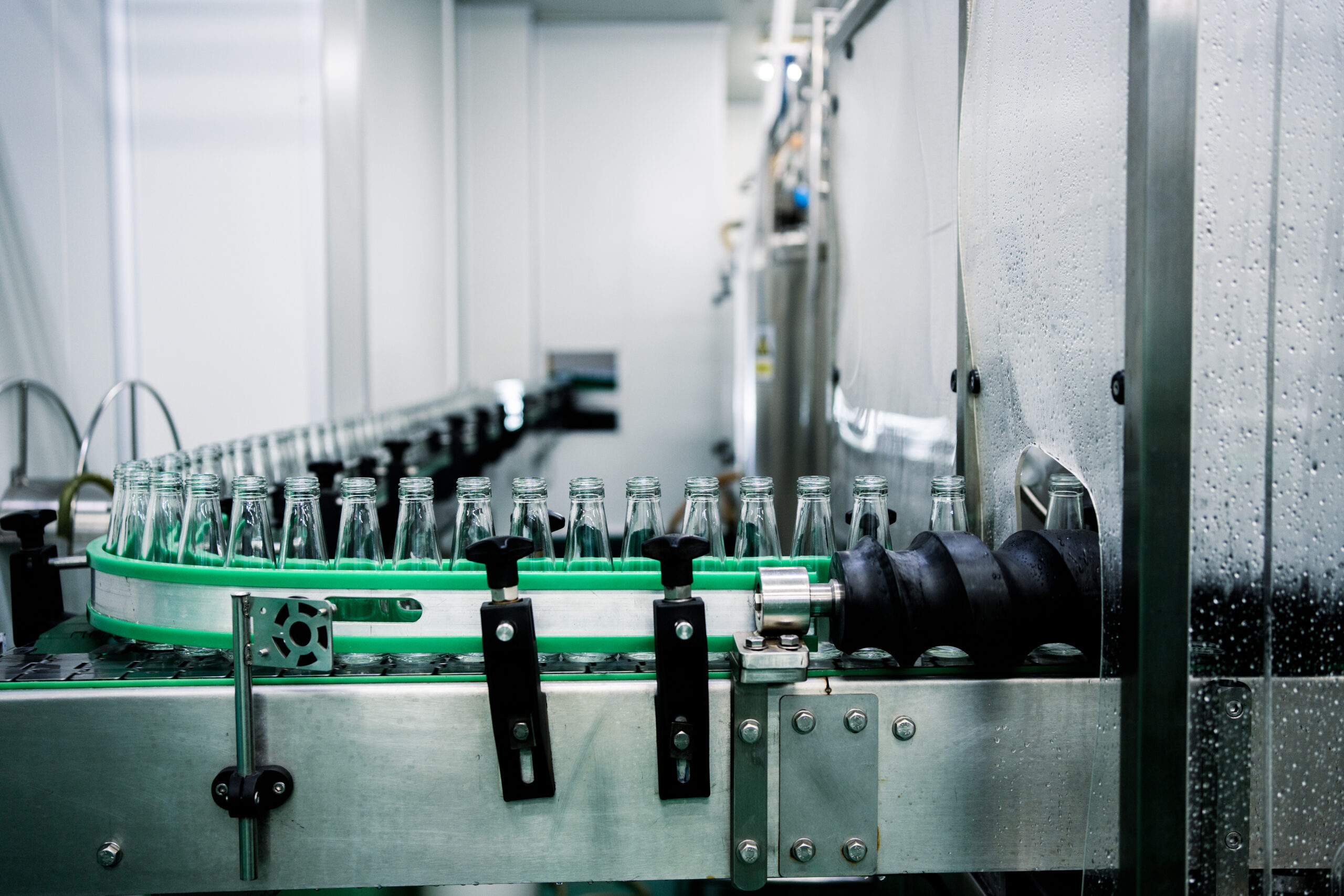 Bottle rinsing machine cleaning containers for food and beverage production.