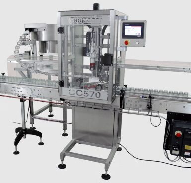CC570 Automatic Capping Machine For Inline Production Lines, Complete with Automatic Cap Transfer Fed From a Bowl Feeder.