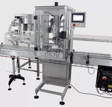 CC570 Automatic Capping Machine For Inline Production Lines, Complete with Automatic Cap Transfer Fed From a Bowl Feeder.