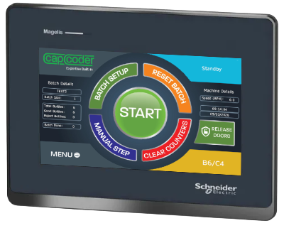 Cap Coder HMI Screen, All the features for the filling and capping machines.