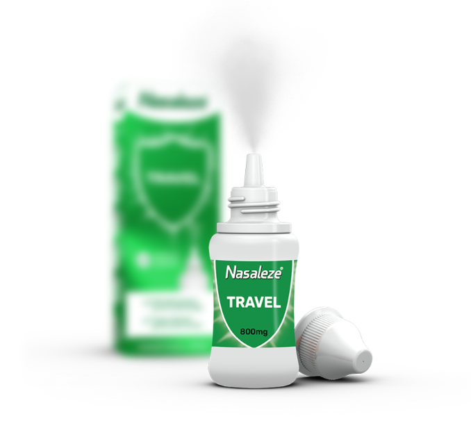 Green travel-sized Nasaleze powder nasal spray product bottle.