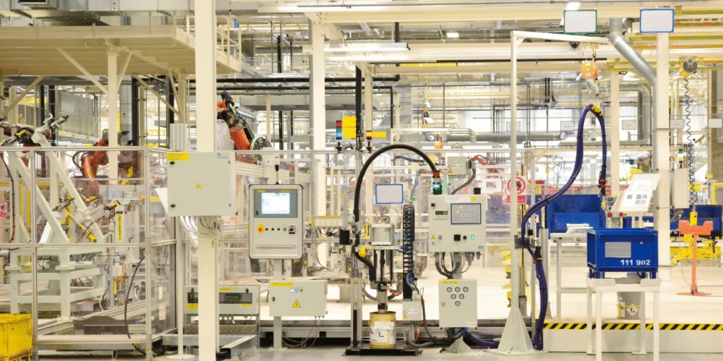 Factory production line with industrial machines operating.