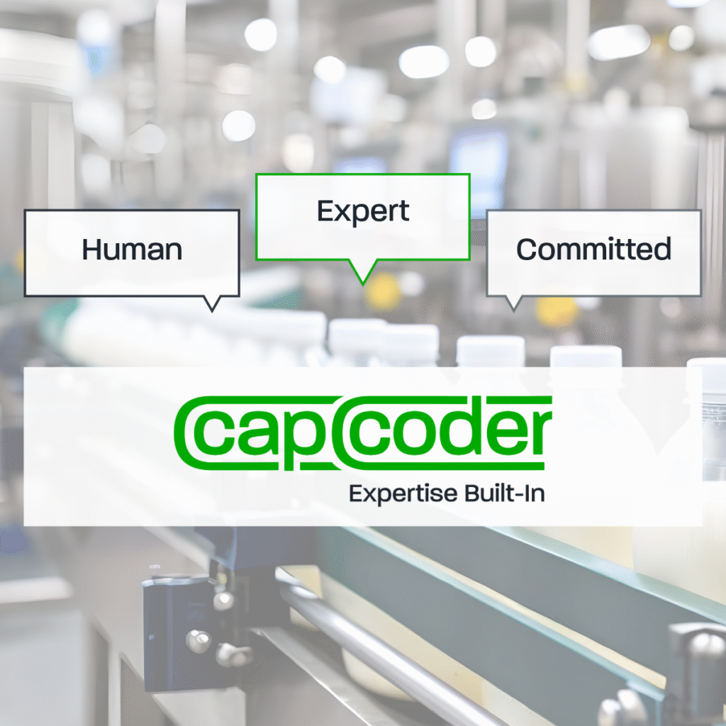 Graphic of company values—human, expert and committed—displayed in speech bubbles over factory background.